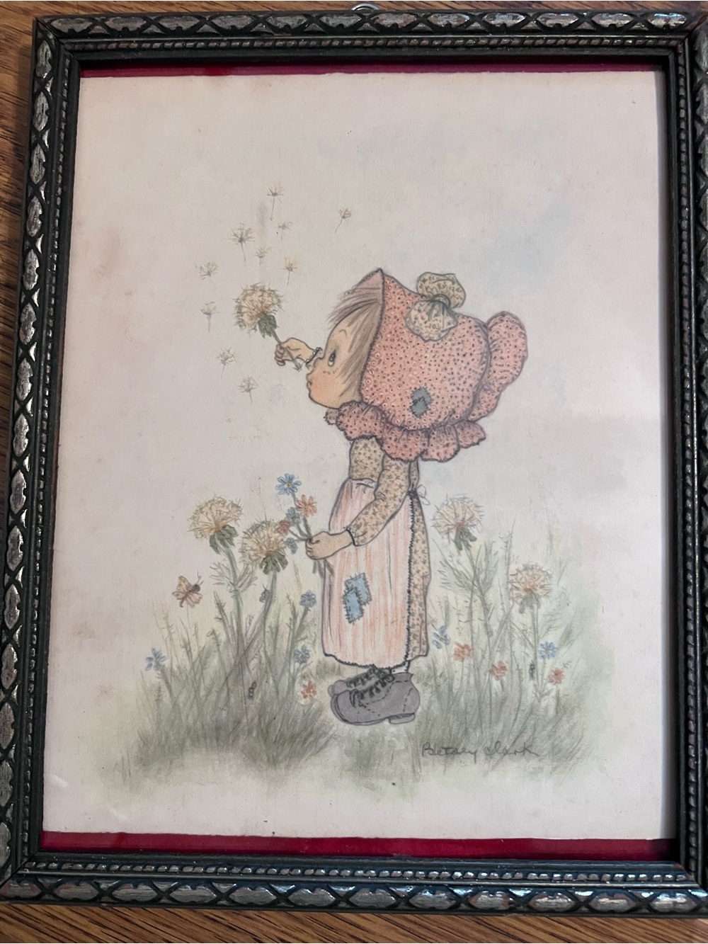 betsey clark Vintage Style Girl in Bonnet Framed Wall Art hallmark signed flower